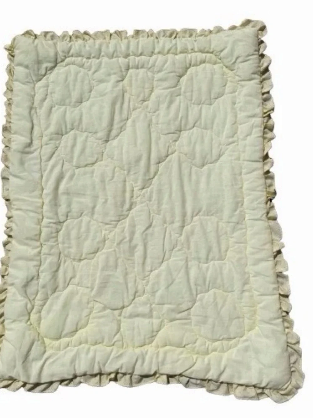 Vintage Yellow Quilted Baby Blanket Ruffle Edge Green Trim Calico Floral Print